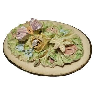 3D Carved Resin Pastel Floral Garden Scene Butterfly Flowers Pin Brooch Vintage